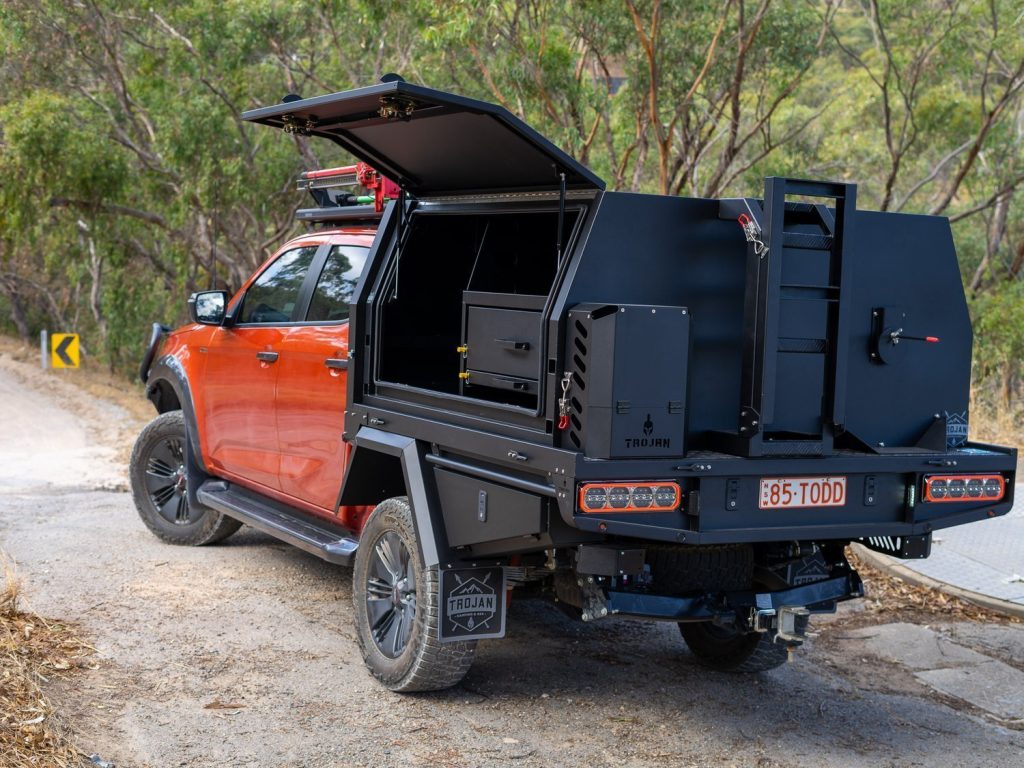 Trojan 4WD canopy in black with side door open