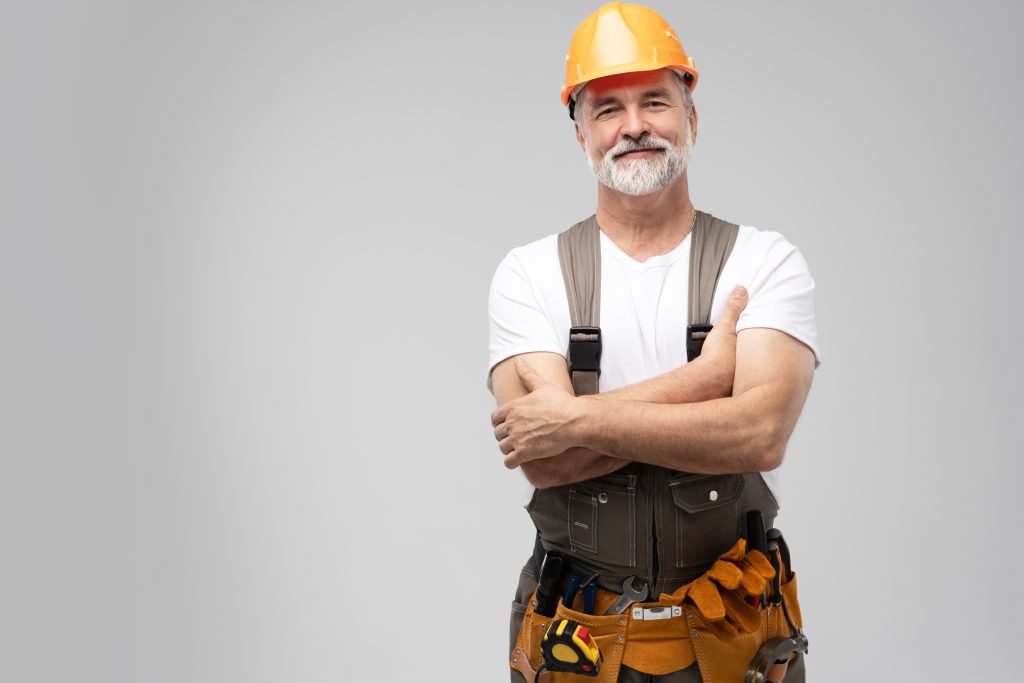 Portrait,Of,Mature,Happy,Handyman,Isolated,On,White,Background