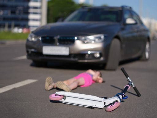 Little,Girl,Lies,On,Asphalt,With,Scooter,After,Collision,With